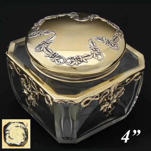 Antique French Sterling Silver “Vermeil” & Cut Glass 4” Vanity Jar, Art Nouveau