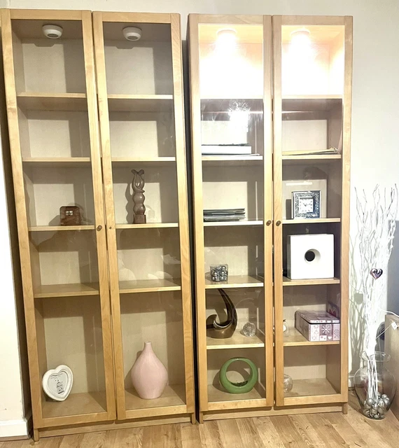 2 X IKEA Billy Bookcase Glass Doors & LED Light Oak Veneer Storage Bags
