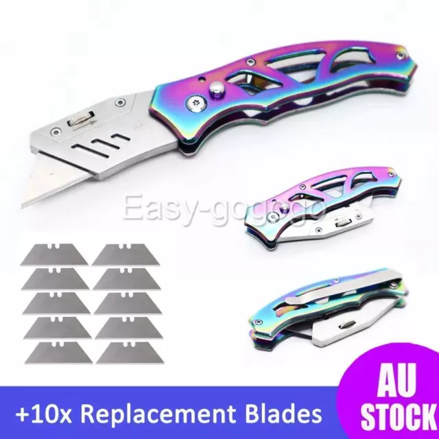 Rainbow Folding Utility Knife Aluminium Handle & 10X Spare Stanley Blades Craft