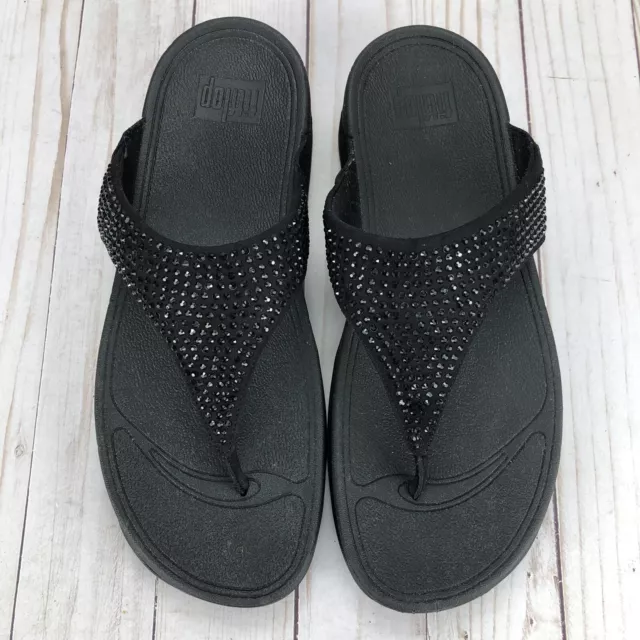 FitFlop Lulu Crystal Embellished Sandal Thong Flip Flop Wedge Slip On Black Sz 9