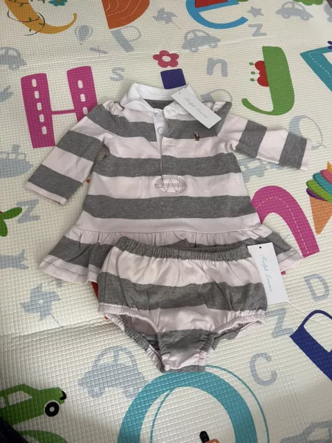 Ralph Lauren baby Girl Grey white stripe collared dress size 0-3 months
