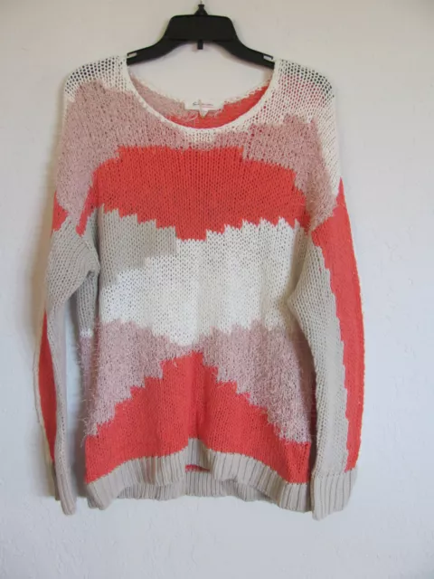 TWO by Vince Camuto Mixed Yarn Intarsia Sweater Ivory Coral Tan-Size M -NWT $99