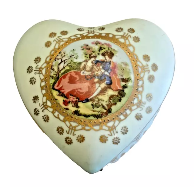 Trinket Jewelry Box Lefton China Japan Heart Shape Porcelain Bisque Vintage