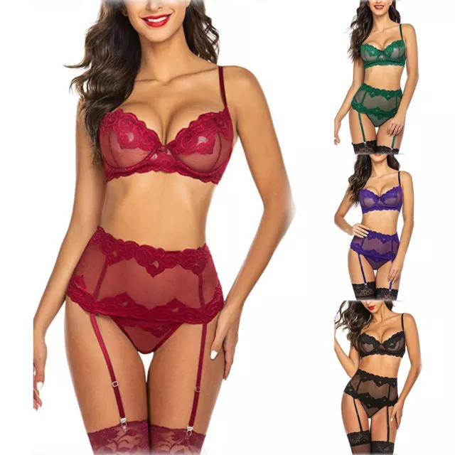 Stylish Womens Bra Set Lingerie Lace Nightwear Sexy Belt Comfy Fashion