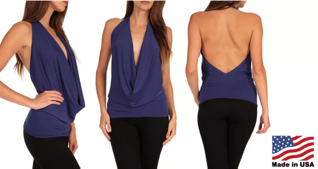 Women's Sexy Club Deep Draped Cowl Neck Halter Top Lowcut Backless Small USA