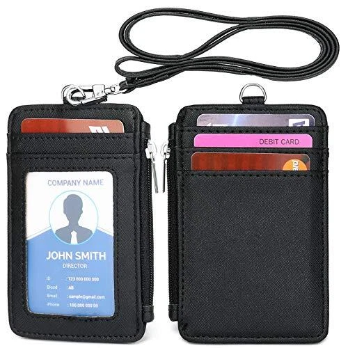 Leamekor ID Badge Holder with Neck Lanyard PU Leather ID Badge Wallet Case Black