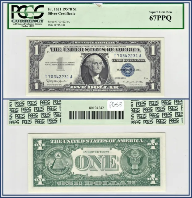 1957B $1 Silver Certificate PCGS 67 PPQ Superb Gem Unc Bank Note Blue Seal