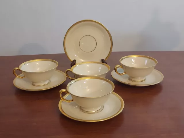 L3 Lenox Porcelain TUXEDO Ivory Gold Trim 4 Sets Tea Coffee CUPS & SAUCERS 8 Pcs
