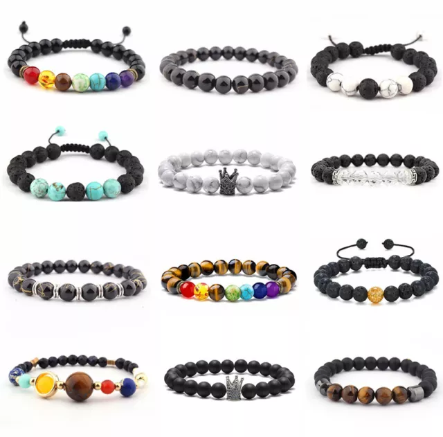 Men Women 8mm Chakra Lava Rock Gemstone Beads Buddha Bracelet Uni-Size