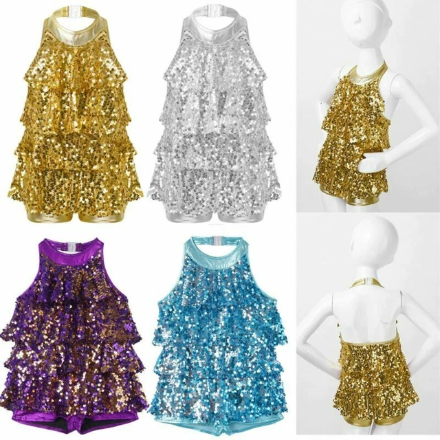 Filles Costume Jazz Danse Latine Justaucorps Tango Moderne Robe à paillettes