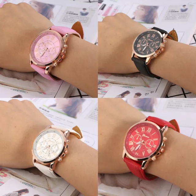 Fashion Lady PU Leather Band Analog Quartz Round Numeral Watch Casual Wristwatc-