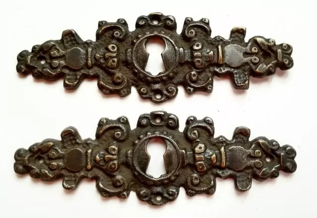 2 Antique Brass Keyhole French Escutcheons Hardware Ornate  Keyhole 4-1/4" #E8