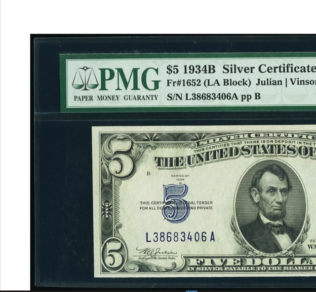 VINSON SILVER Fr. 1652 $5 1934B Silver Certificate PMG Gem Uncirculated 65 EPQ. 3