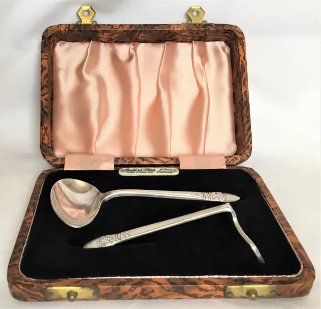 Boxed Vintage Silver Plated Baby Spoon & Pusher in Original Case: Bedford Plate