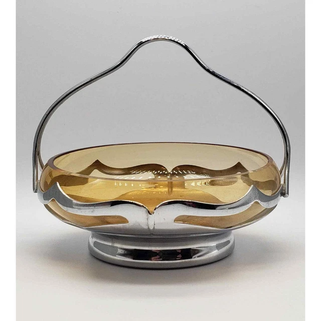 Item - Farber Bros Krome-Kraft Amber Cambridge Glass Bowl w/ handle. Vintage MCM
