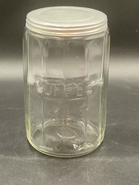 Vintage Hoosier Jar COFFEE 12 Panel Clear Glass Embossed with Aluminum Lid