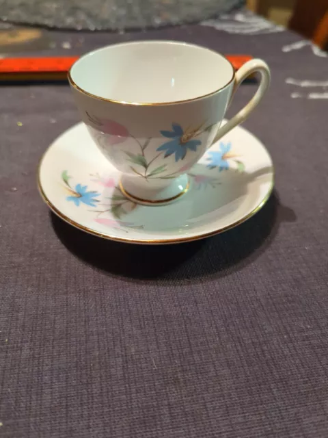 Vintage Queen Anne (Fine Bone China) Tea Cup/Saucer Blue & Pink Flower England