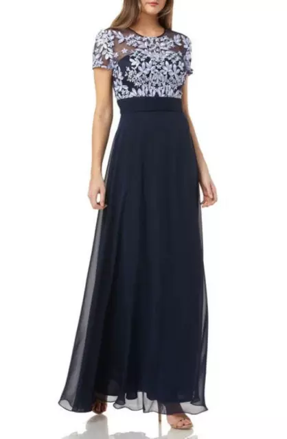 JS Collections Womens 8 Leaf Embroidered Illusion Bodice Gown Chiffon Lace Navy