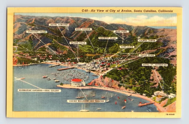 Postcard California Santa Catalina CA Map Aerial View 1940s Unposted Linen