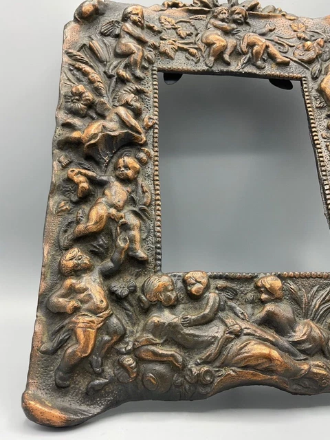 Antique Gorgeous Cast Metal Cherub Angel Picture Frame Flowers 8.5'' X 10” 3