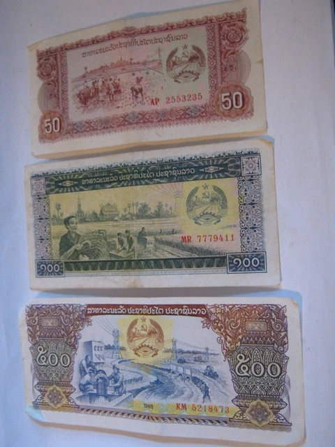LAOS PDR 3 Diff. 1979-88 Notes, 50 Kip Pick # 29b, 100 K P#30a & 500 K P31a