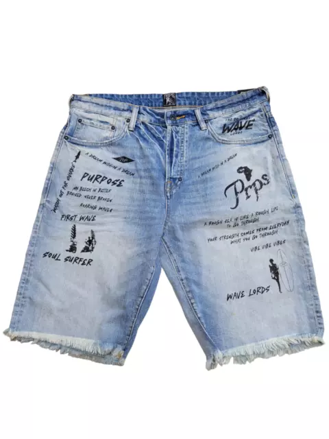 NWT PRPS Mens Challenger Graphic Denim Jean Shorts Size 36