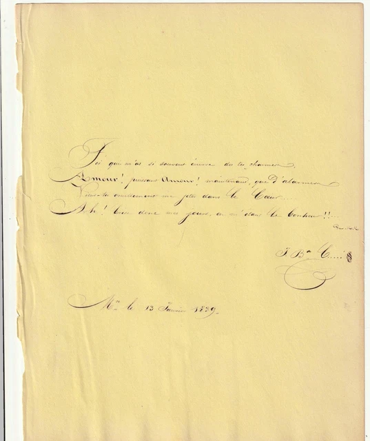 19 Century 1839 Original Hand Written Love POEM in French on a old Page