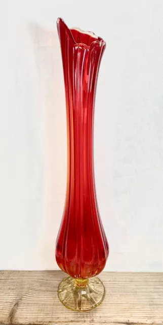 MCM L.E. Smith Amberina Red Flame Vase 19” Tall Stretch Swung Orange Retro
