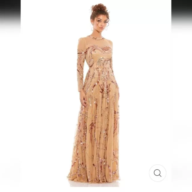 Mac Duggal NWOT caramel LONG SLEEVE EMBELLISHED ILLUSION EVENING GOWN size 8