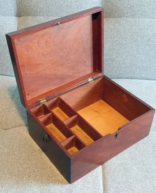 Victorian Mahogany stationery box with separate compartments & gilded handles