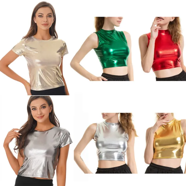 Womens T-Shirt Faux Leather Shiny Metallic Crop Top Vest Tank Top Dance Clubwear