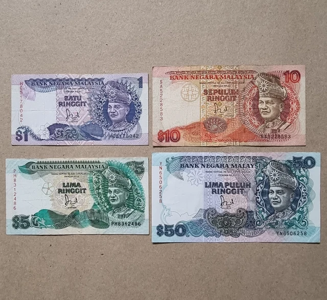 1987 - 1992 Malaysia 1, 5, 10 & 50 Ringgit Banknotes Set Of 4 Notes lot