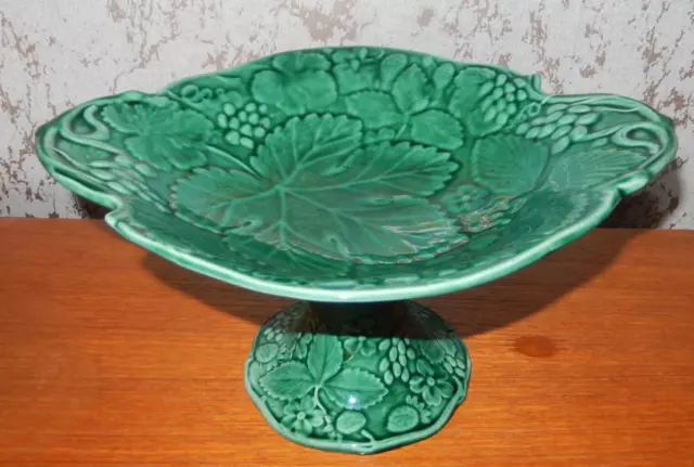 Majolica Green Glazed Grape Vine Leaf Pottery Pedestal Compote Dish Centre Piece
