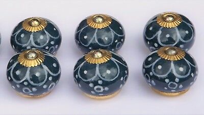ceramic cupboard knobs pulls DarkAqua round White flower painted petals(brass)x6