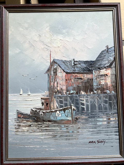 HUILE SUR TOILE BATEAUX A QUAI PORT PEINTURE AU COUTEAU XXEME A4137 - Vendu