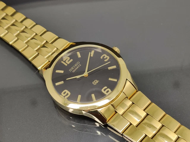 Seiko Quarzo Uomo Placcato Oro Dorato Quadrante Giappone Fatto Orologio da Polso
