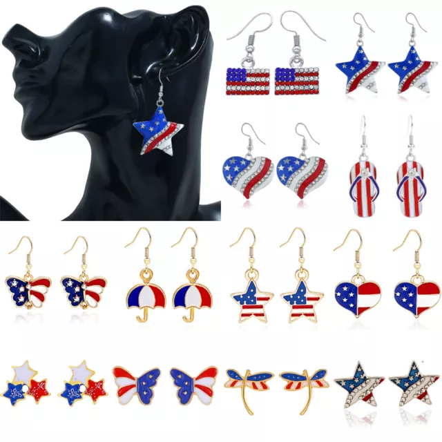 American Flag Heart Star Hook Earrings Drop Dangle Women Jewelry Independent New