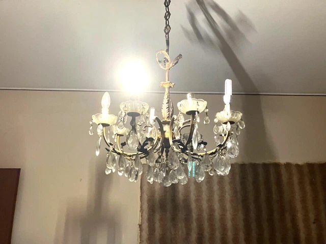 Lampadario In Ottone Deglia  Anni 50 A Gocce Con Bicchierini In Vetro