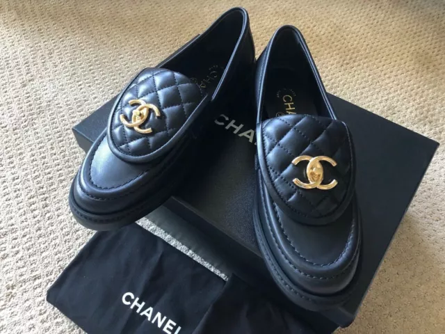 Chanel 30MM Chain Calfskin Hair CC Mocassins Loafers Navy Blue