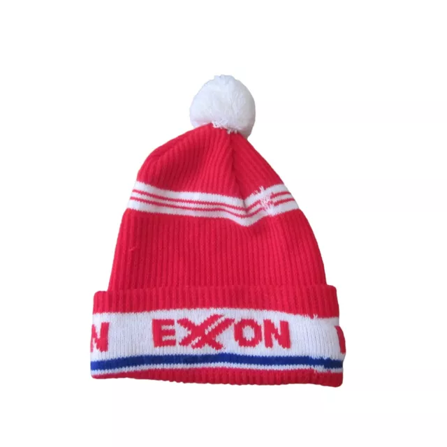 VTG 80's EXXON Red White Blue GAS STATION Worker Knit Beanie Hat w/ Pom Pom