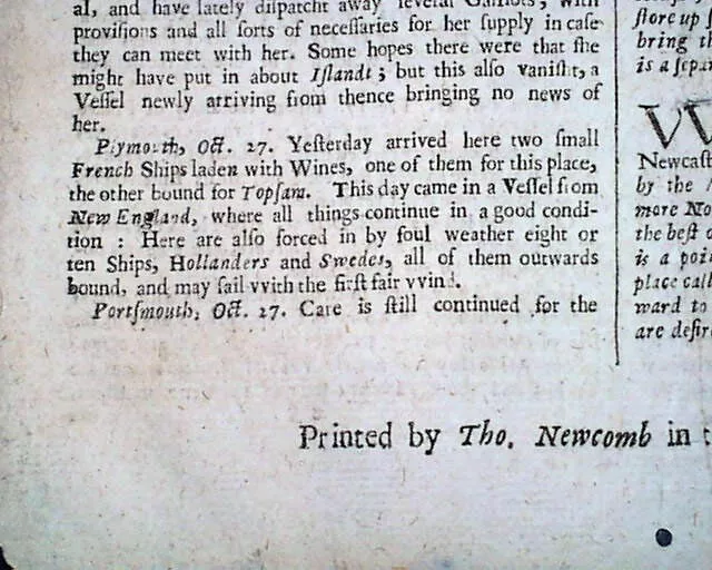 1667 Newspaper Early Rare 17th Century 356 Years Old London Gazette England NE