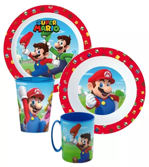 4er Set Super Mario Kinder-Geschirr Teller, Müslischale, Tasse und Becher