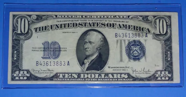 1934 D $10 Silver Cert.! Blue Seal, Vf. Circ. Cond.! Old Us Currency!