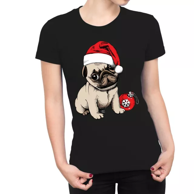 1Tee Womens Puppy Pug Wearing Santa's Hat, Cute Christmas T-Shirt