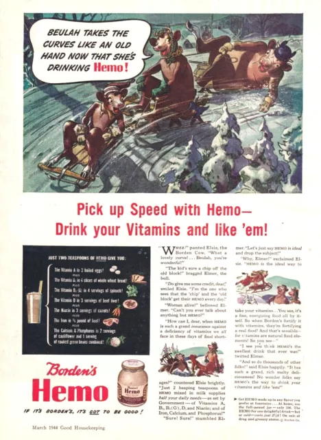 1944 Print Ad Borden's Hemo, Vitamin Supplement, Elsie the Cow & Family 8x11