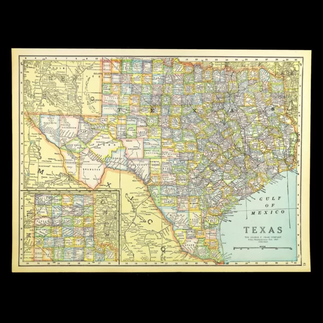 Vintage TEXAS Map Wall Art State Old Original Austin Fort Worth Antique