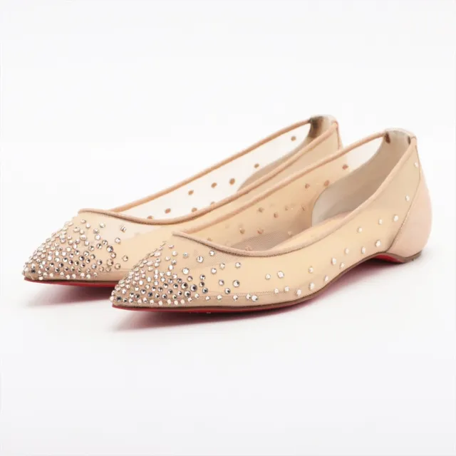 Christian Louboutin Mesh Flat Pumps 34 Women's Beige FOLLIES STRASS Rhinestone