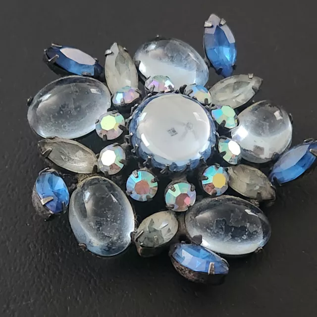 RARE! Unsigned Schreiner Vintage Brooch Pin Blue Glass Rhinestones Cabochons 501