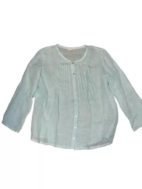 Eileen Fisher Size XS 100% Italian Linen Aqua Blue Button Long Sleeve Sheer Top