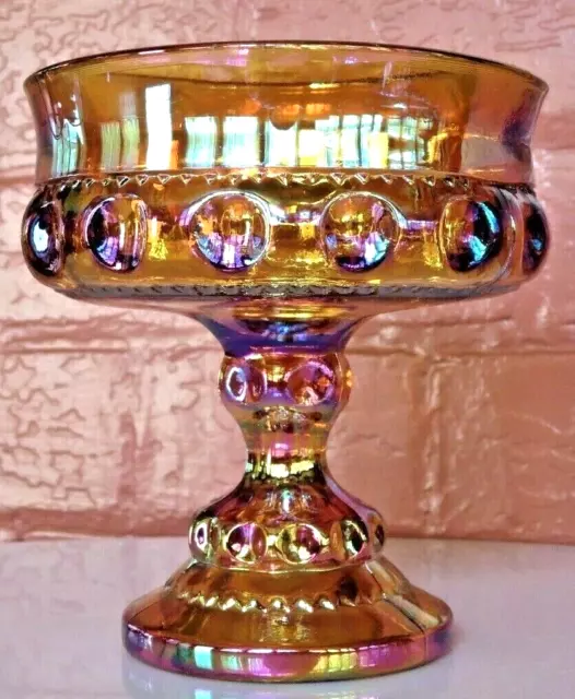 Indiana Colony Glass Iridescent Gold Carnival Kings Crown Compote Candy Dish